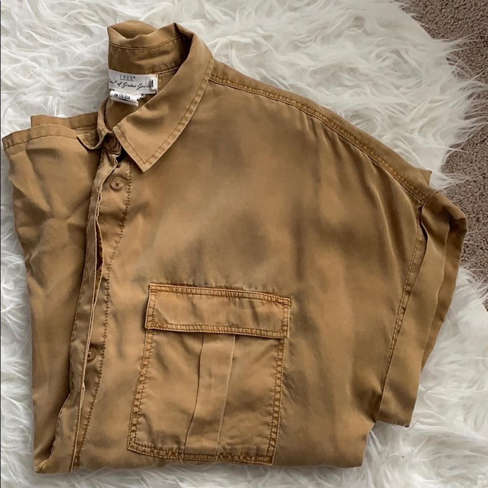 H&M soft oversized tan khaki safari shirt button